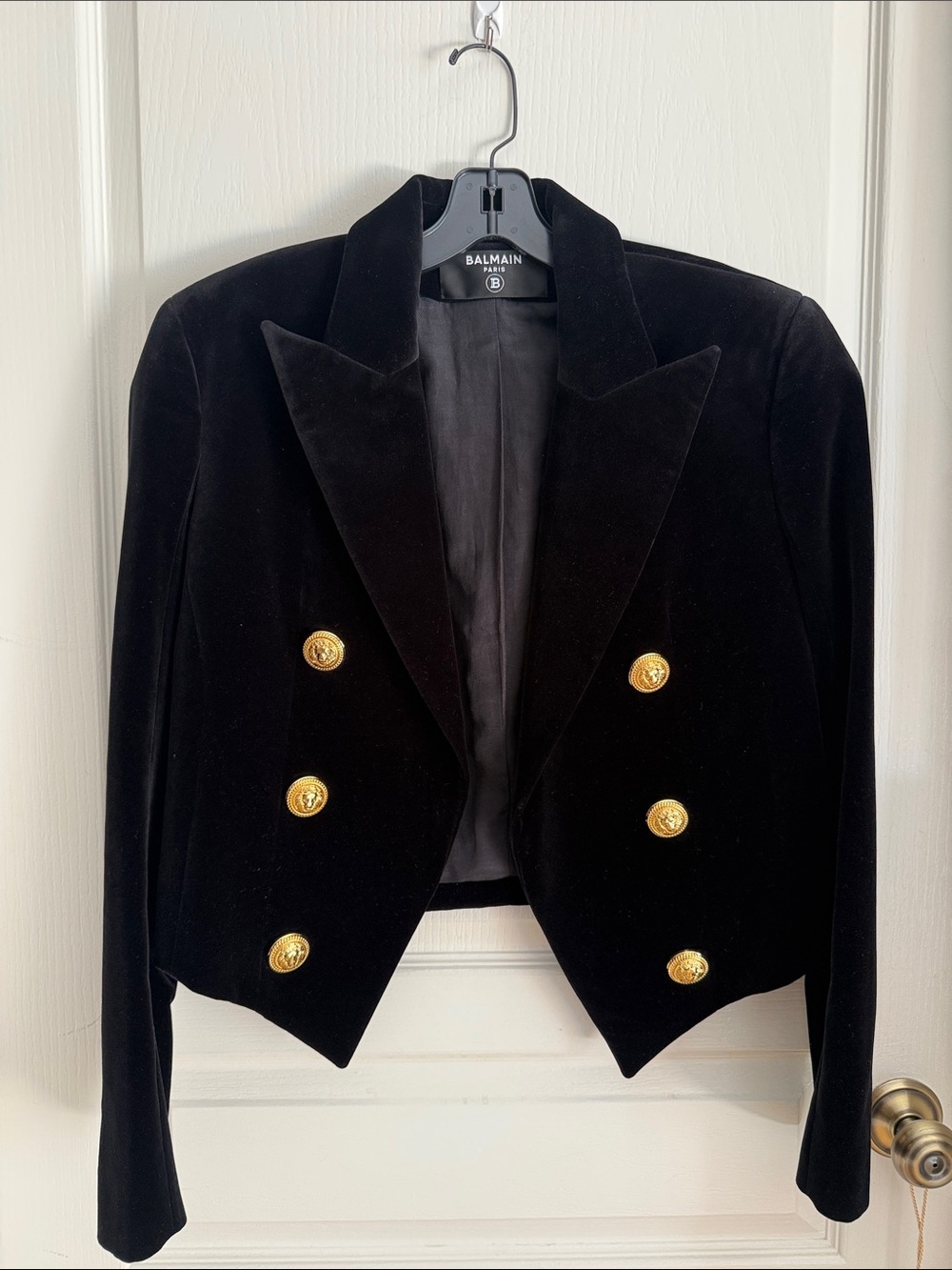 Balmain Black Velvet Cropped Double-Breasted Blazer with Gold Buttons Size 38